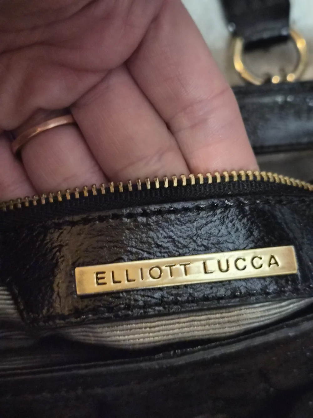 Elliott Lucca Black Patent Leather Satchel Shoulder Bag Gold Hardware EUC